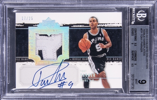 2003-04 UD "Exquisite Collection" Noble Nameplates #TP Tony Parker Signed Patch Card (#17/25) - BGS MINT 9/BGS 8